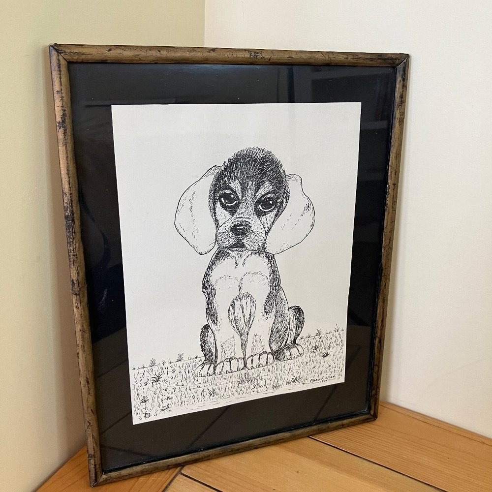 Beagle Puppy Dog Original Ink Drawing Framed Art Signed by Marie F Wood 1975